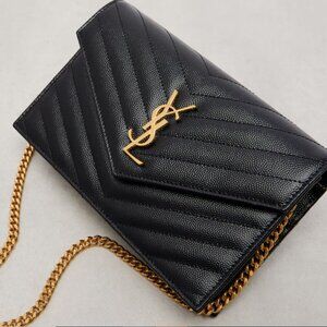 Saint Laurent Cassandre grained leather wallet on chain